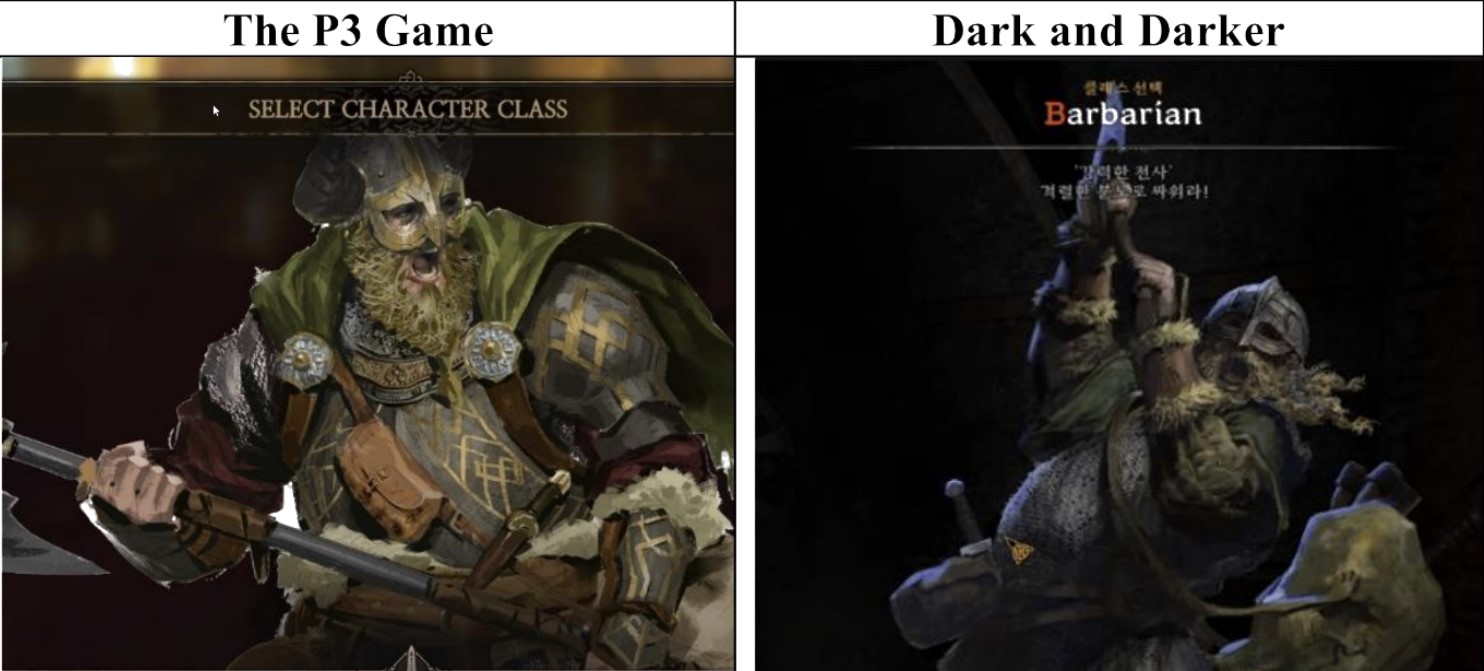 shot contrasting two similarly clad barbarian warriors, with a brighter, more intricately decorated warrior on the left representing P3 concept art contrasting with the duller, shabbier looking barbarian from Dark and Darker