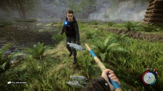 Sons of the Forest - Kelvin tosses a fish on the ground for the player