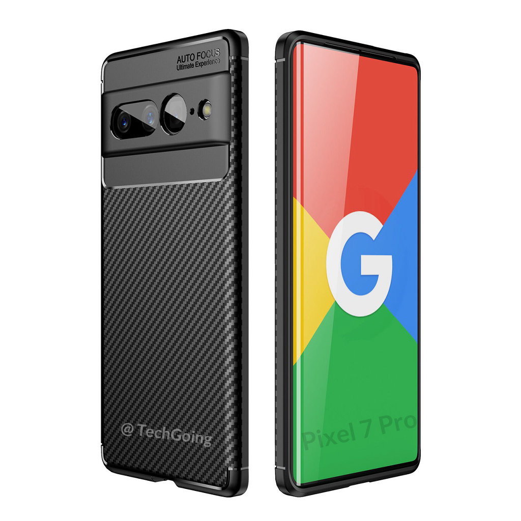 Two alleged renders of a case for the Google Pixel 7 Pro, from the front and back