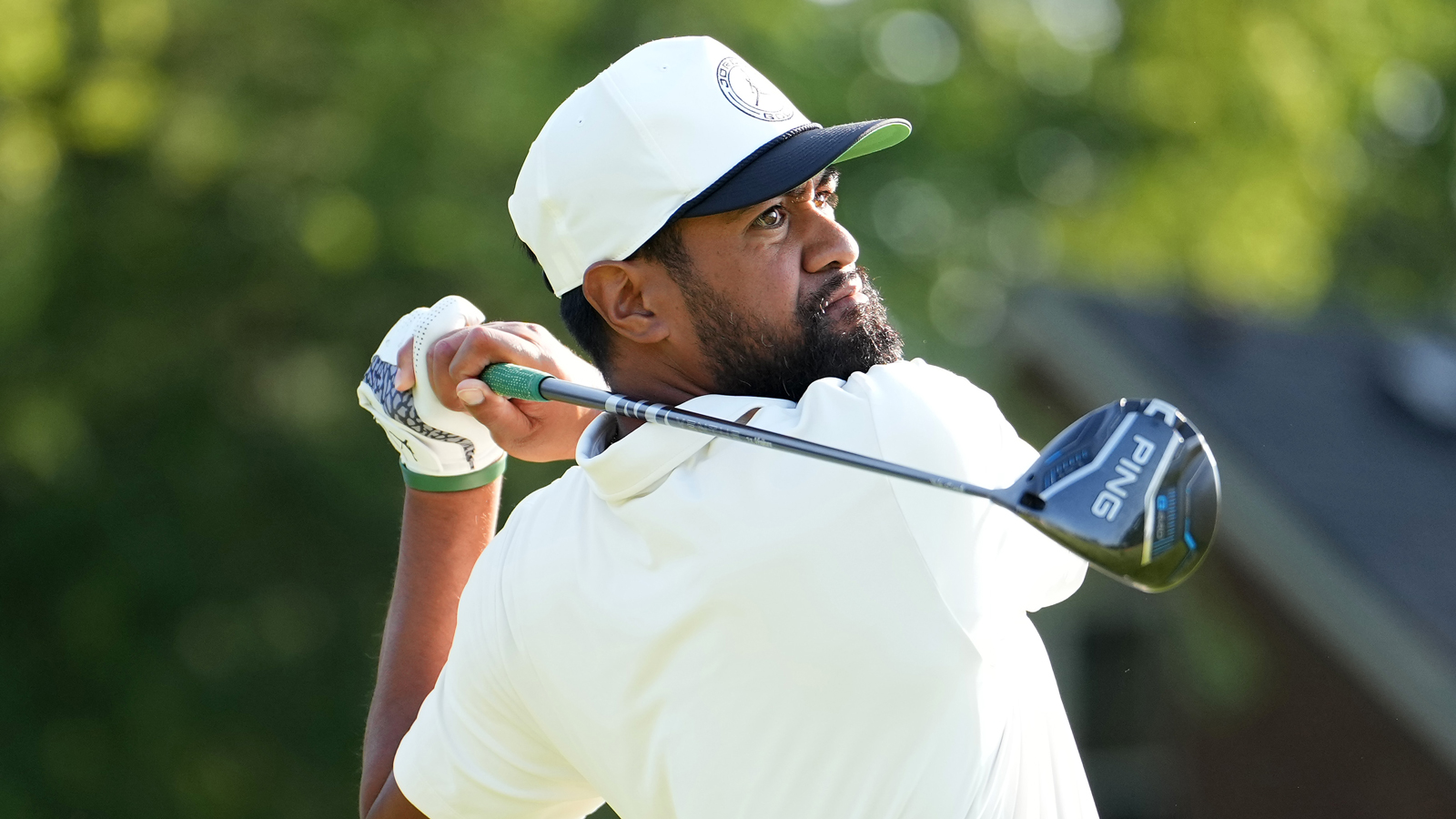 Tony Finau hits a driver off the tee