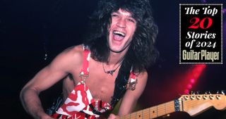 Eddie Van Halen plays his custom Frankenstrat guitar at Cobo Arena during Van Halen's "Hide Your Sheep Tour" on August 13, 1982, in Detroit, Michigan. 