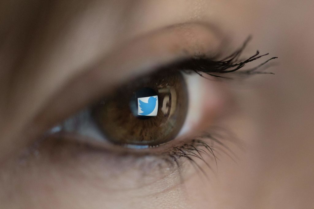 The Twitter logo seen in a woman&amp;#039;s eye