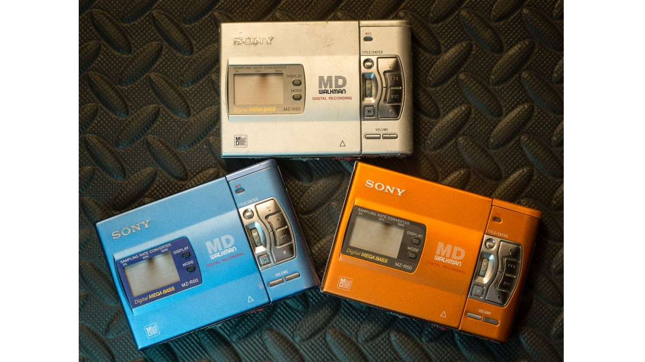 Sony MZR-50 MiniDisc players in three different colours