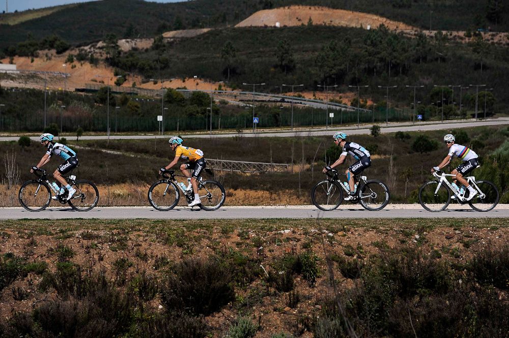 Etixx-QuickStep surrounds stage 1 winner Gianni Meersman.
