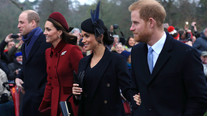 Prince William, Duke of Cambridge, Catherine, Duchess of Cambridge, Meghan, Duchess of Sussex and Prince Harry, Duke of Sussex leave after attending Christmas Day Church service at Church of St Mary Magdalene on the Sandringham estate on December 25, 2018 in King&#039;s Lynn, England