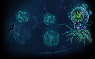 A crabsquid looms over a small diver