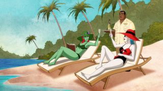Poison Ivy (voiced by Lake Bell) and Harley Quinn (voiced by Kaley Cuoco) toast glasses of champagne while lounging on the beach.