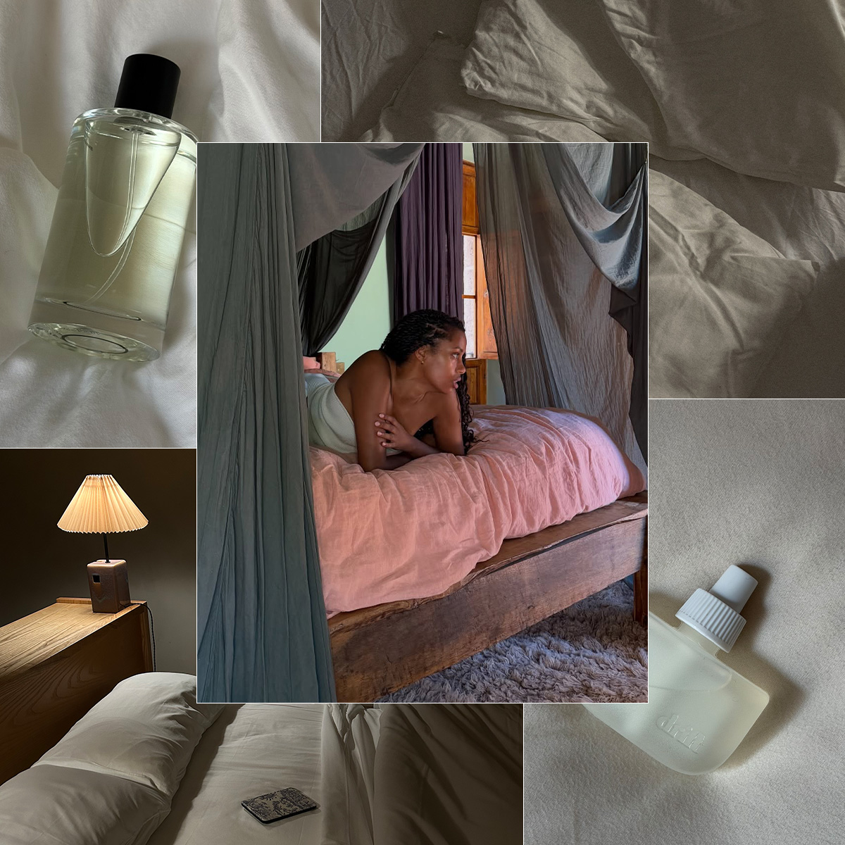 A collage of images of a woman on a canopy bed, products on rumpled sheets, and cozy bedrooms at nighttime.