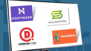 Best shared hosting: Desktop with Hostinger, Domain.com, HostGator and ScalaHosting logo on screen