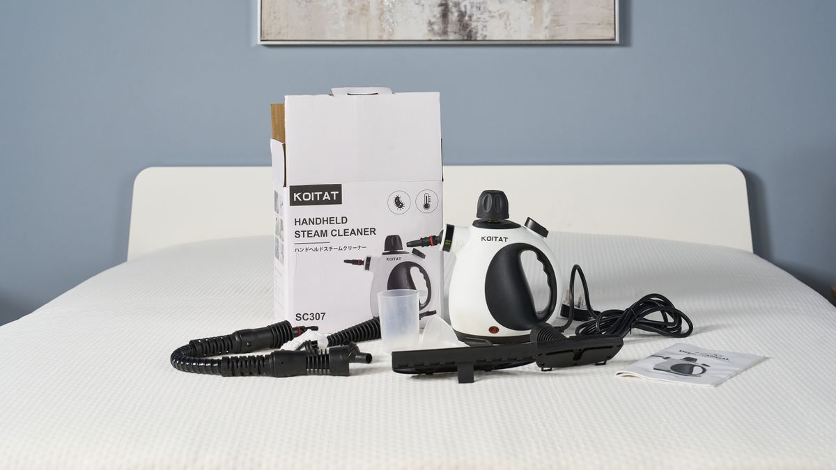 A series of images showing the steps of setting up, filling and using the Koitat mattress steam cleaner