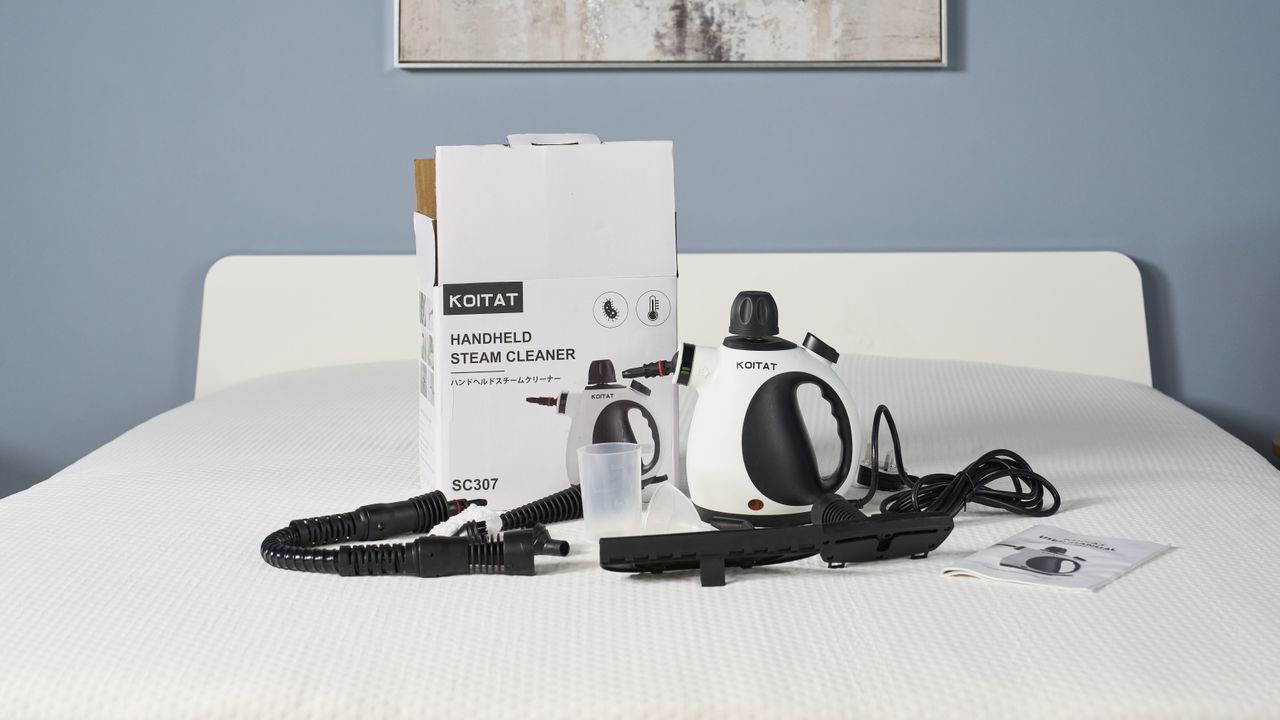 A series of images showing the steps of setting up, filling and using the Koitat mattress steam cleaner