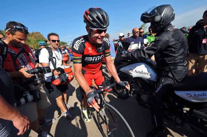 Cadel Evans (BMC) makes his way through the crowd