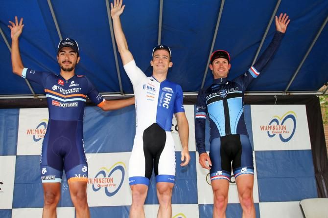 1. Men&rsquo;s podium: Second Place, Andres Alzate (Champion System-Stan&rsquo;s Notubes) First place, Bradley White (Unitedhealthcare Pro Cycling Team) Third place, Bobby Lea (CustomVelo.com)