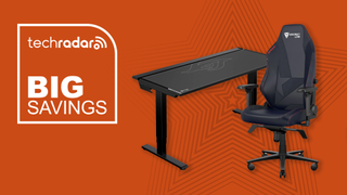 Secretlab Titan Evo gaming chair and Magnus desk on an orange background next. to the words "Big savings"