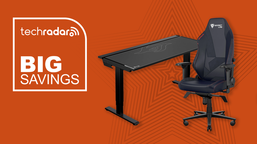 Secretlab Titan Evo gaming chair and Magnus desk on an orange background next. to the words &quot;Big savings&quot;
