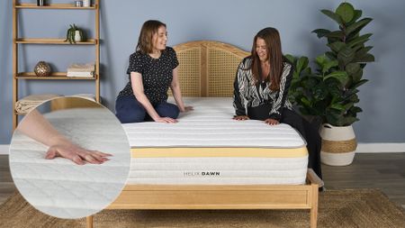 Mattress testers Ruth Jones (left) and Eve Davies (right) sit on the Helix Dawn mattress on a bed frame in our Sleep Lab. In the bottom left is a close up of Ruth's hand pressing into the surface of the Helix Dawn mattress