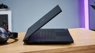 A shot of the Razer Blade 17 (2022) from the side, halfway open