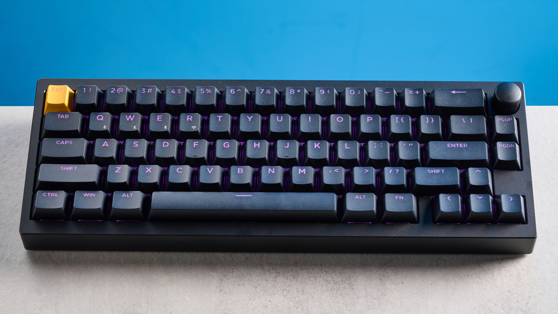 Lemokey P2 HE on a stone surface with a blue background