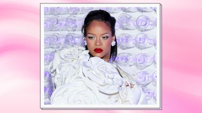 Rihanna wears a white, flower embellished dress as she attends The 2023 Met Gala Celebrating "Karl Lagerfeld: A Line Of Beauty" at The Metropolitan Museum of Art on May 01, 2023 in New York City/ in a pink and white swirling template