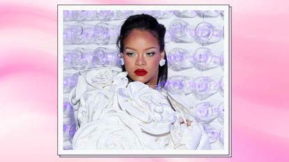 Rihanna wears a white, flower embellished dress as she attends The 2023 Met Gala Celebrating &quot;Karl Lagerfeld: A Line Of Beauty&quot; at The Metropolitan Museum of Art on May 01, 2023 in New York City/ in a pink and white swirling template