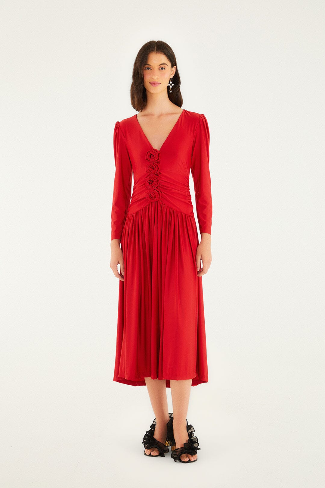 FARM, Red 3d Roses Long Sleeve Draped Midi Dress