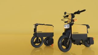 e-scooter open and folded on yellow background