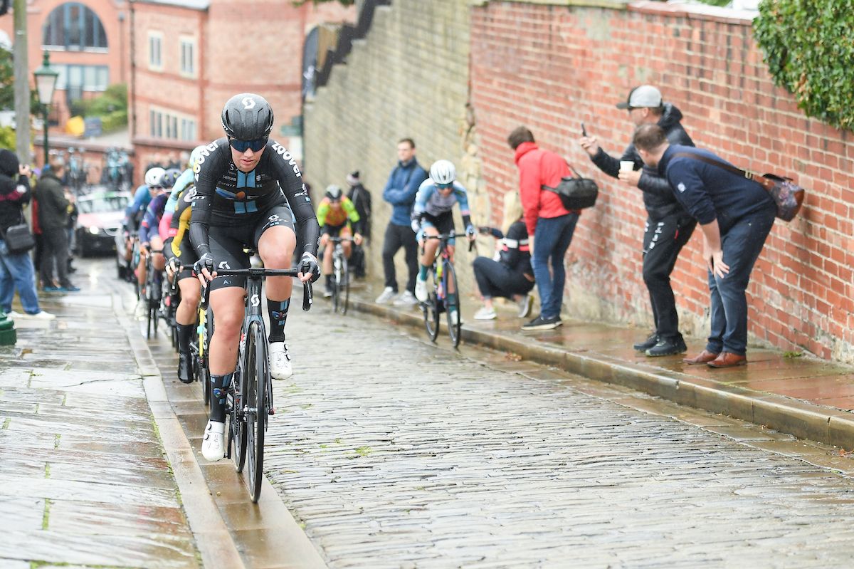 Picture by Will Palmer/SWpix.com - 17/10/2021 - Cycling - Women's National Road Championships - Rapha Lincoln GP - Lincoln, England - Team DSM's Pfeiffer Georgi leads the break up the Michaelgate cobbles.