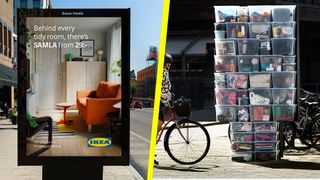 An Ikea billboard advert from the front, and from the back revealing storage crates hidden behind it
