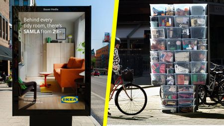 An Ikea billboard advert from the front, and from the back revealing storage crates hidden behind it