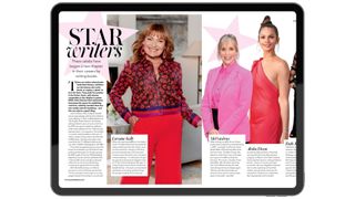 Woman&home March 2025 celebrity pages on a tablet screen, featuring the headline 'star writers' and photos of Lorraine Kelly, Mel Giedroyc and Alesha Dixon