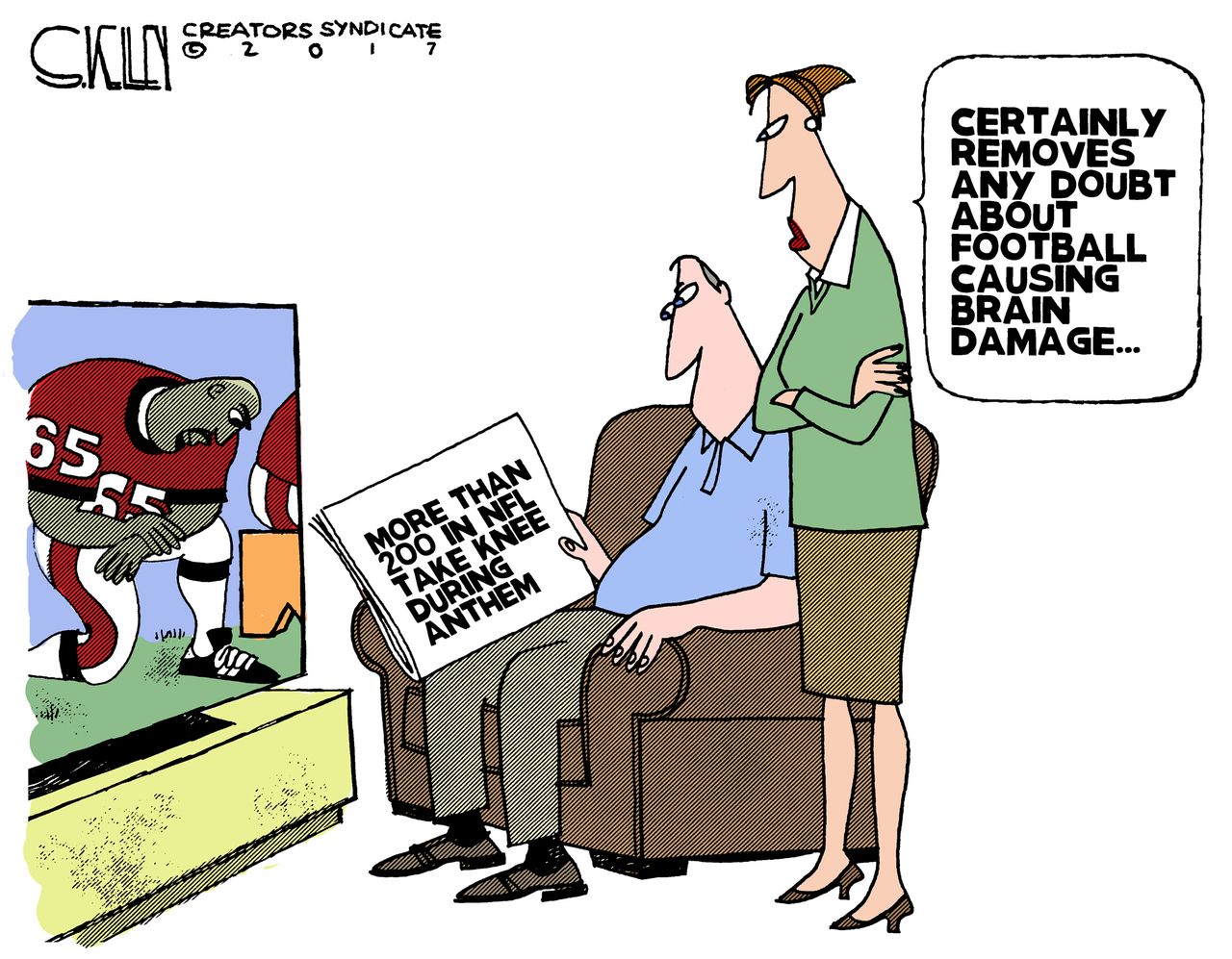 Political cartoon U.S. NFL kneeling