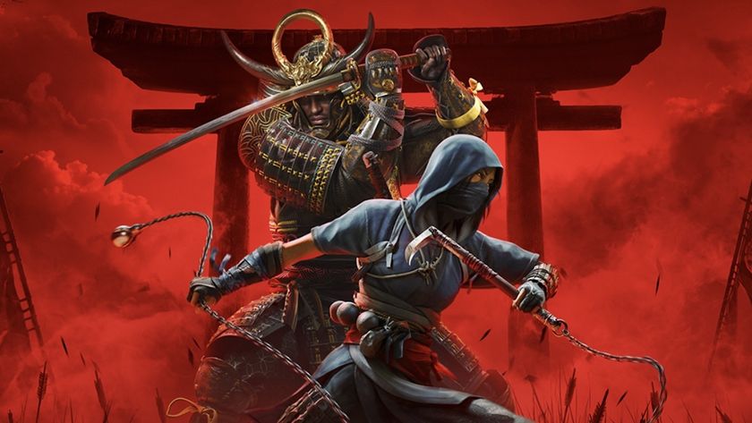 Assassin&#039;s Creed Shadows key art showing Naoe and Yasuke drawing weapons and standing side by side, against a red background