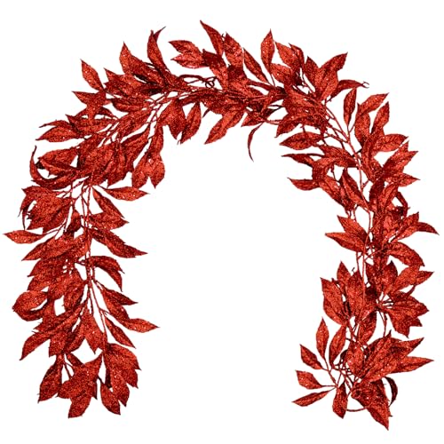 3 Pcs 6ft Christmas Garland Red Glittered Artificial Magnolia Leaves for Mantle Christmas Tree Decorations Indoor Outdoor Hanging Garland Ornaments Garden Door Wall Window Stair Holiday Home Decor