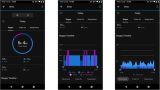 3 skærmbilleder af data i Garmin Connect app indsamlet ved hjælp af Garmin Vivosmart 5 fitnesstracker