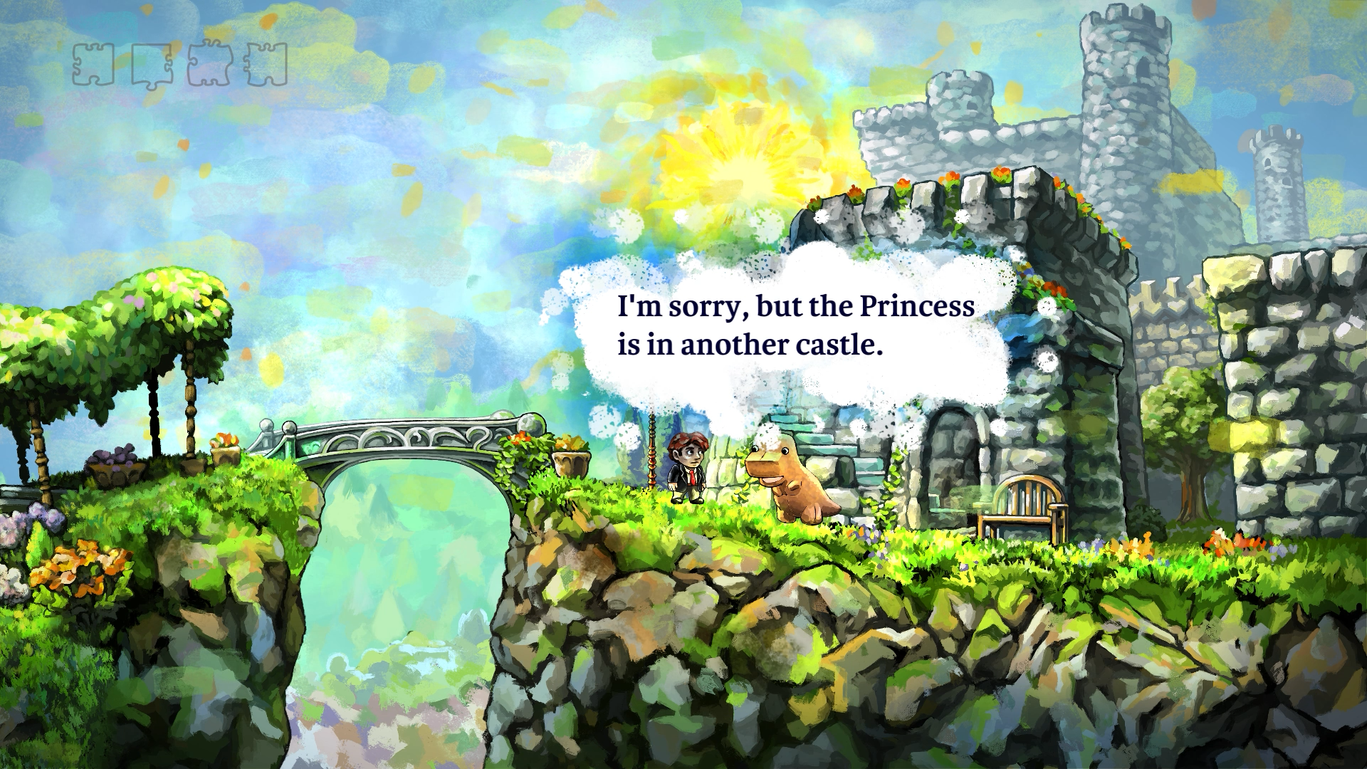 Tim speaking to a small dinsosaur in front of a castle in Braid Anniversary Edition.