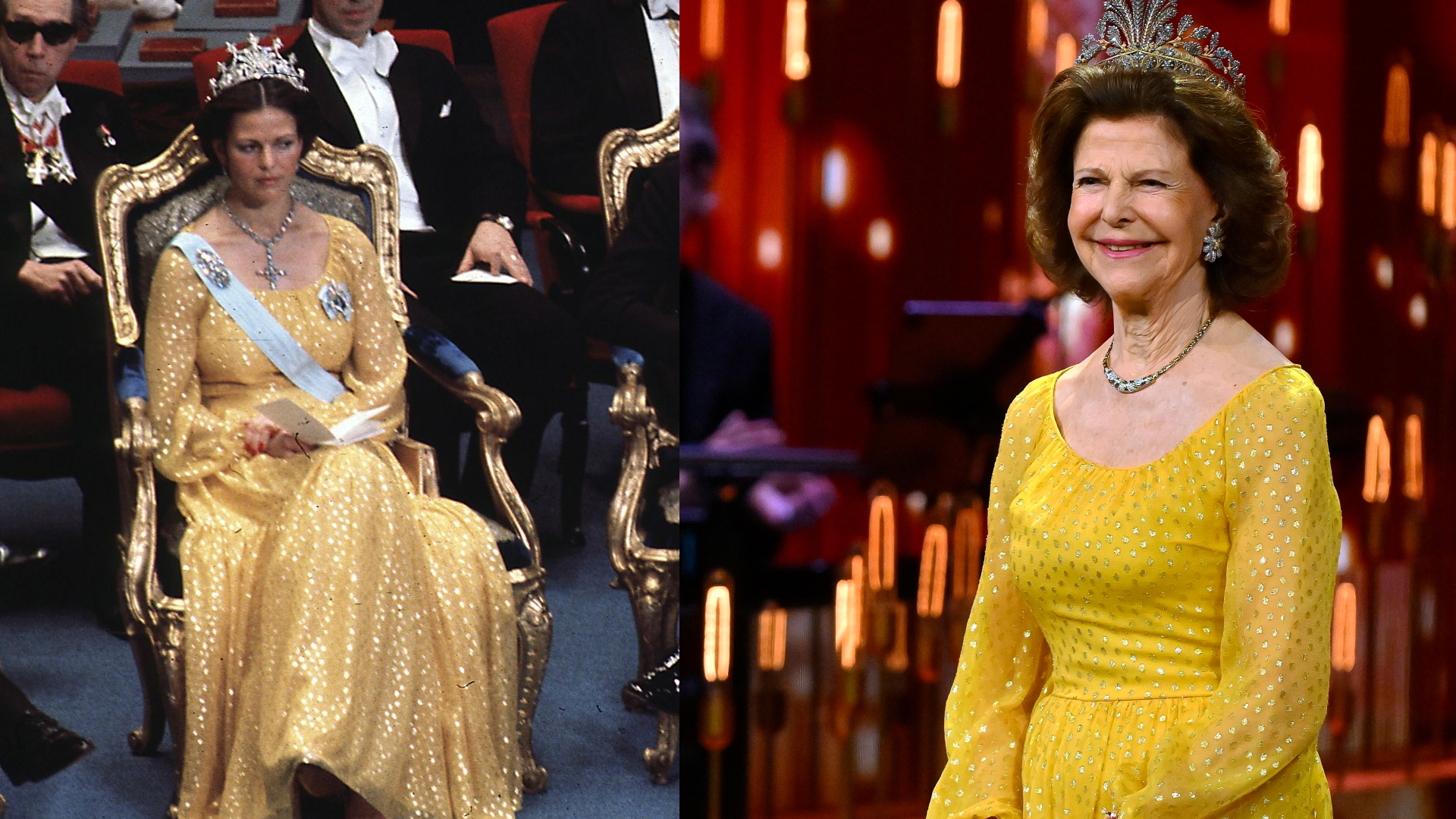 Queen Siliva wearing a yellow gown wearing a tiara on a throne in 1976 next to a photo of her in 2025 in the same dress