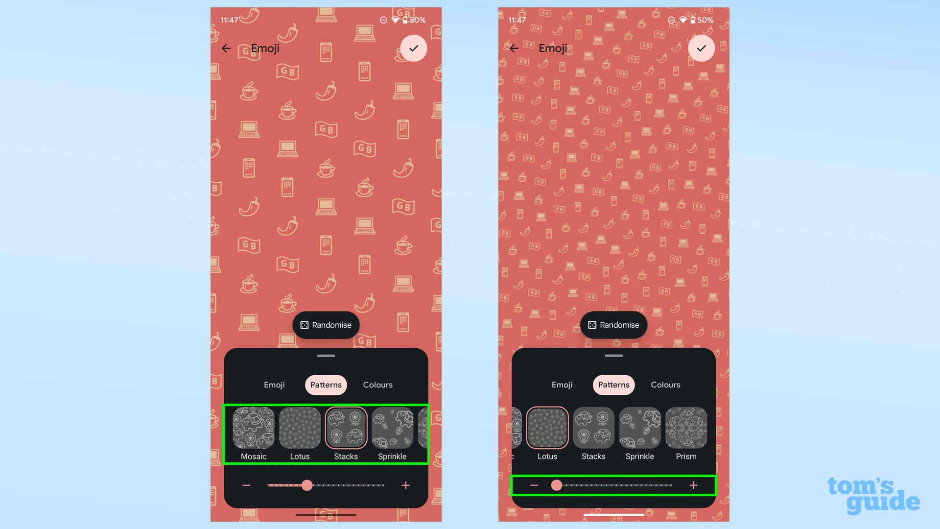 Снимки экрана, показывающие выбор шаблона в средстве создания обоев смайликов для Android 14.