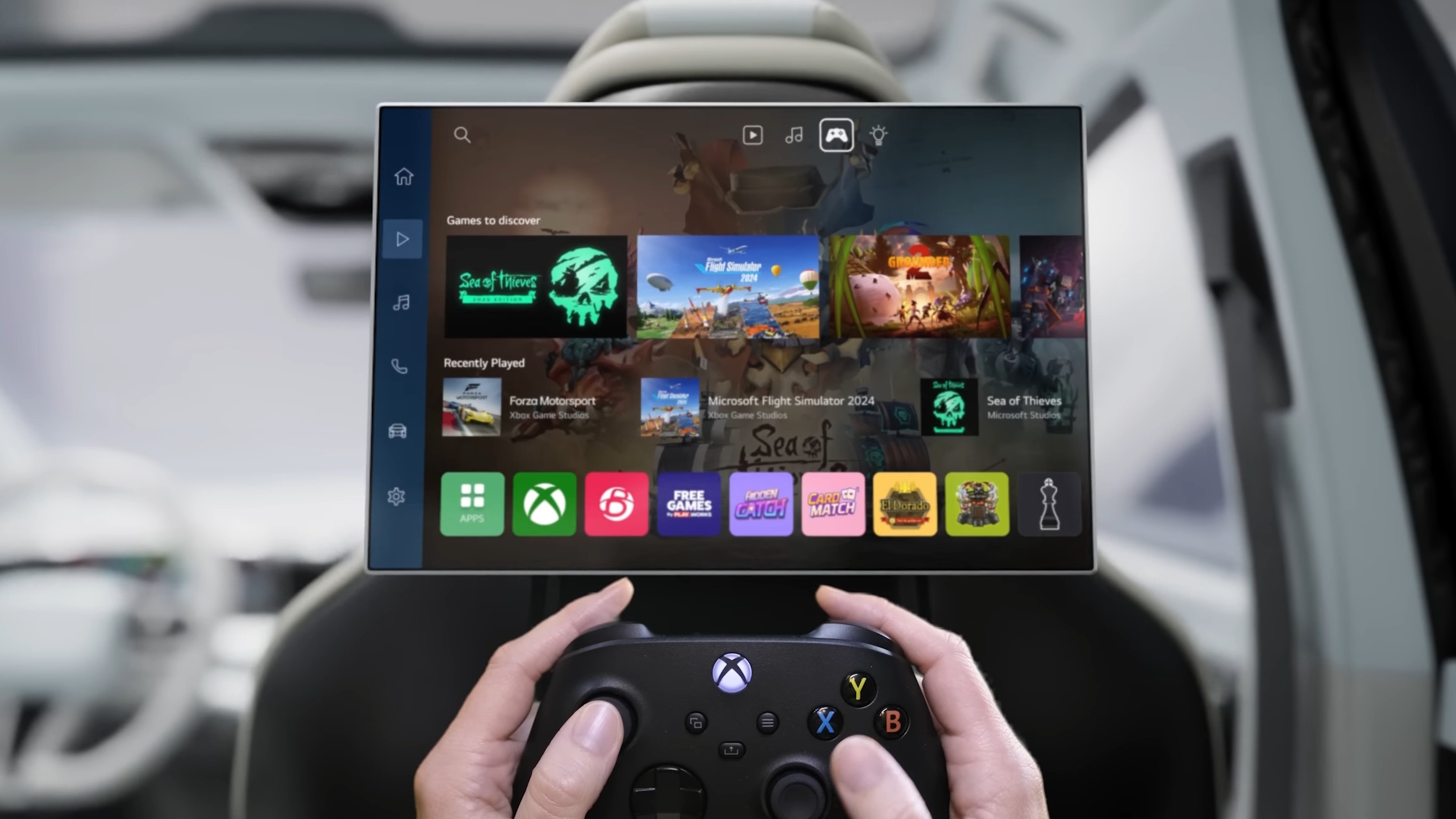 Someone holding an Xbox controller in front of a screen with the Xbox app open on the back of a car seat.