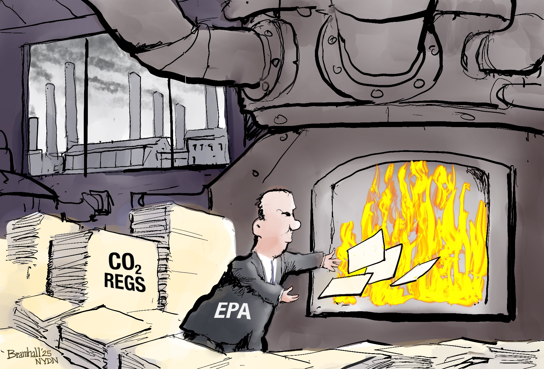 This cartoon takes place in the boiler room of a factory. There’s a man in a suit labeled “EPA” and a giant fire burning in the boiler. The man in the suit is throwing papers labeled “CO2 REGS” into the fire.