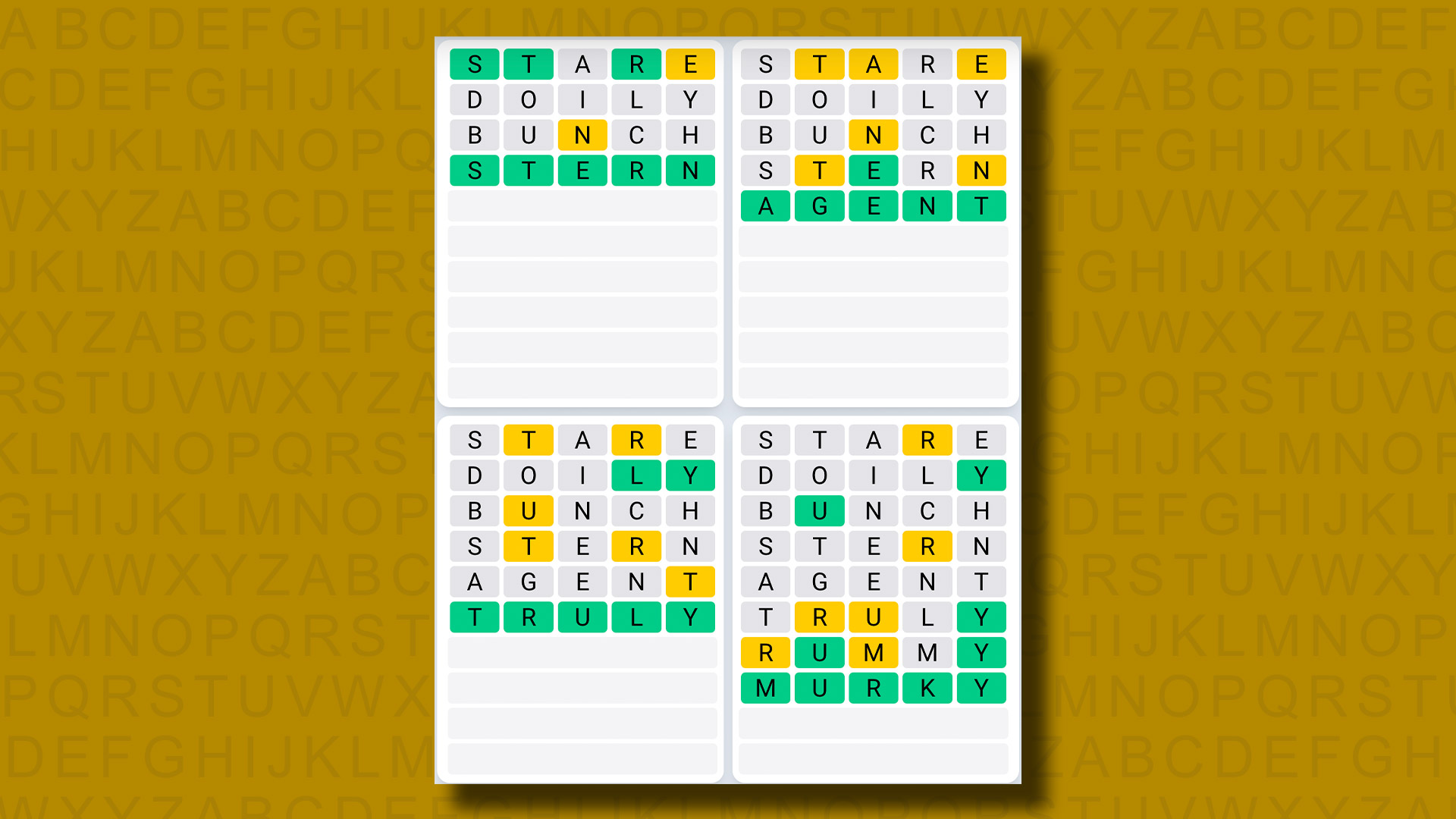 Respuestas del juego Quordle Daily Sequence para el juego 907 sobre un fondo amarillo