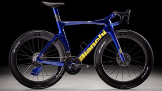 A blue and yellow Bianchi Oltre RC