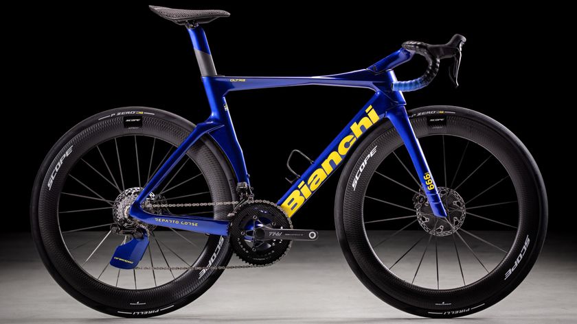 A blue and yellow Bianchi Oltre RC