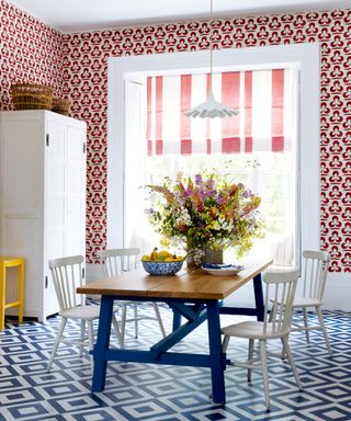 Vinyl kitchen flooring ideas in a blue and white pattern, with red and white wallpapered walls.