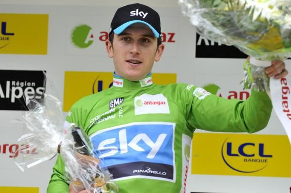 Great Britain's Geraint Thomas (Sky) is awarded the green jersey for leading the points classification.