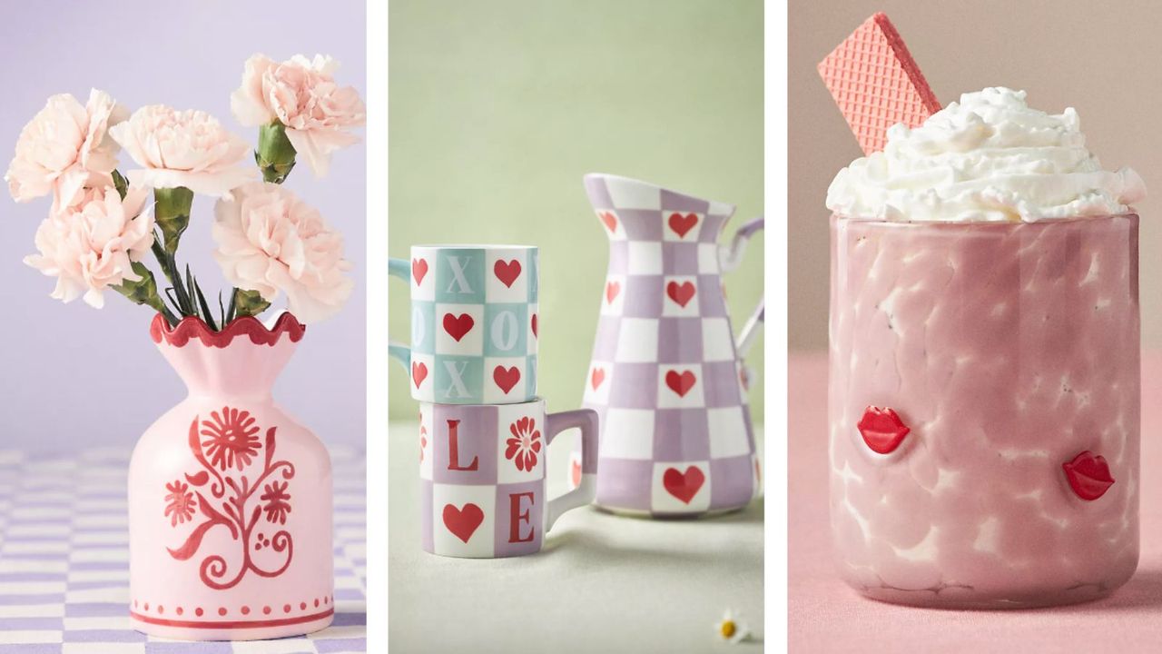 Anthropologie Valentine&#039;s Day decor including a lips glass, heart pitchers in checkered and pastel, and a pink vase all on pastel colored backgrounds