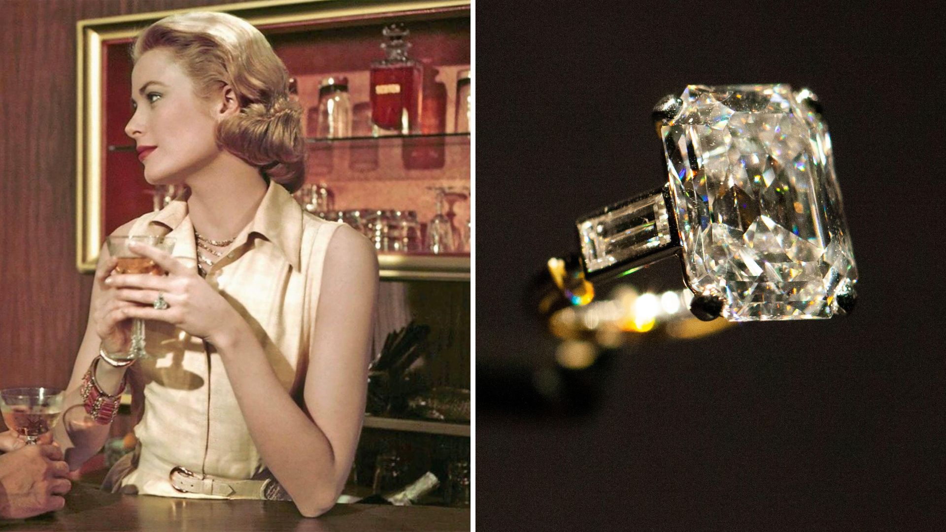 L-Grace Kelly in High Society, R- a closeup of Grace Kelly&#039;s engagement ring after it went on display