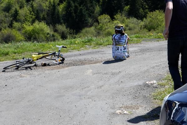 With less than 20 km remaining Evelyn Stevens (HTC - Columbia Women) slid out on some gravel. She rejoined the race, although lost time whilst the race doctor examined her.