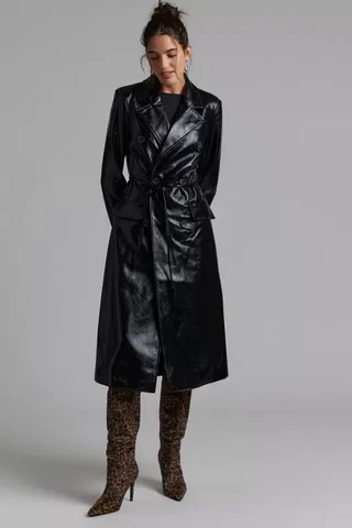 Avec Les Filles Glazed Faux Leather Belted Trench Coat