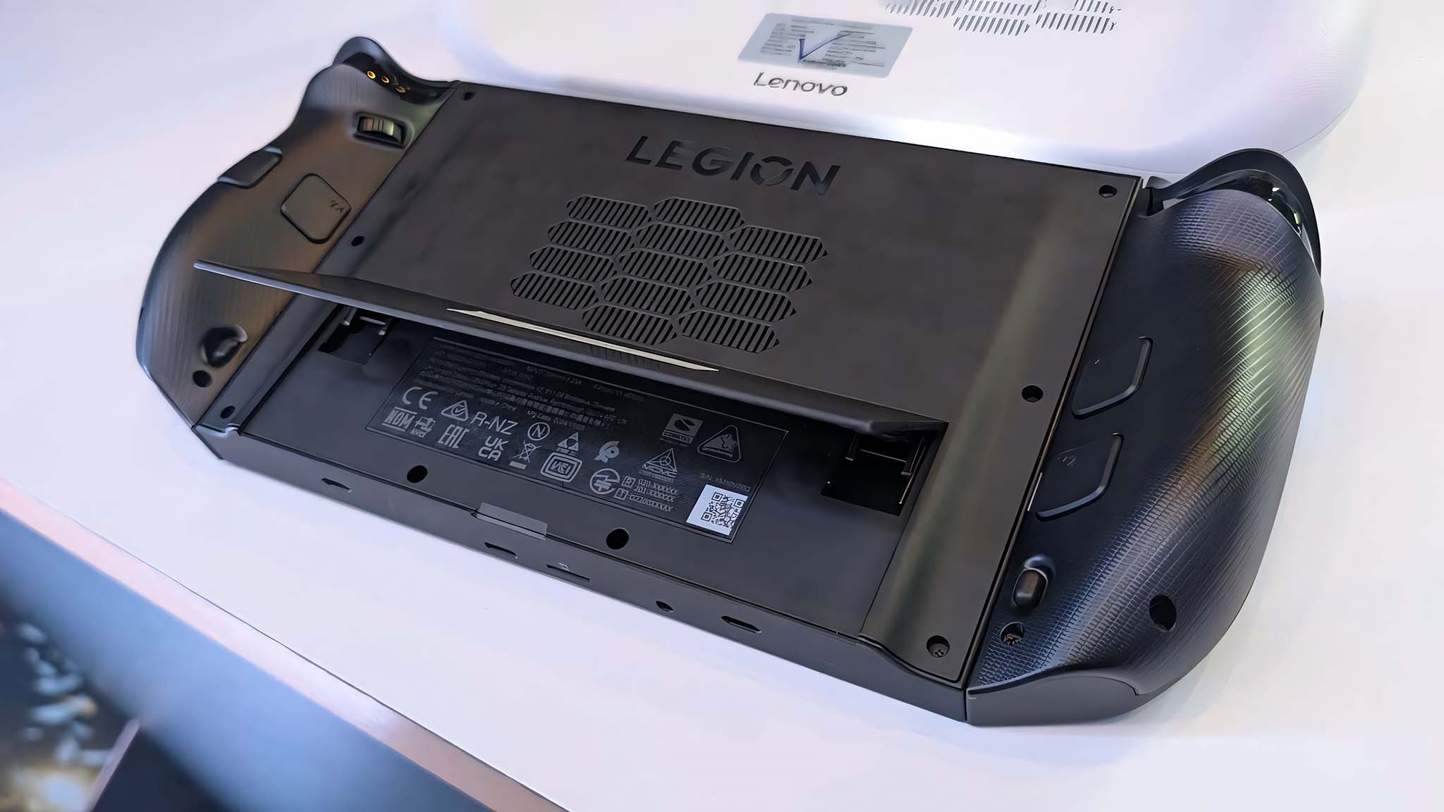 Back of Lenovo Legion Go 2 with kickstand open.