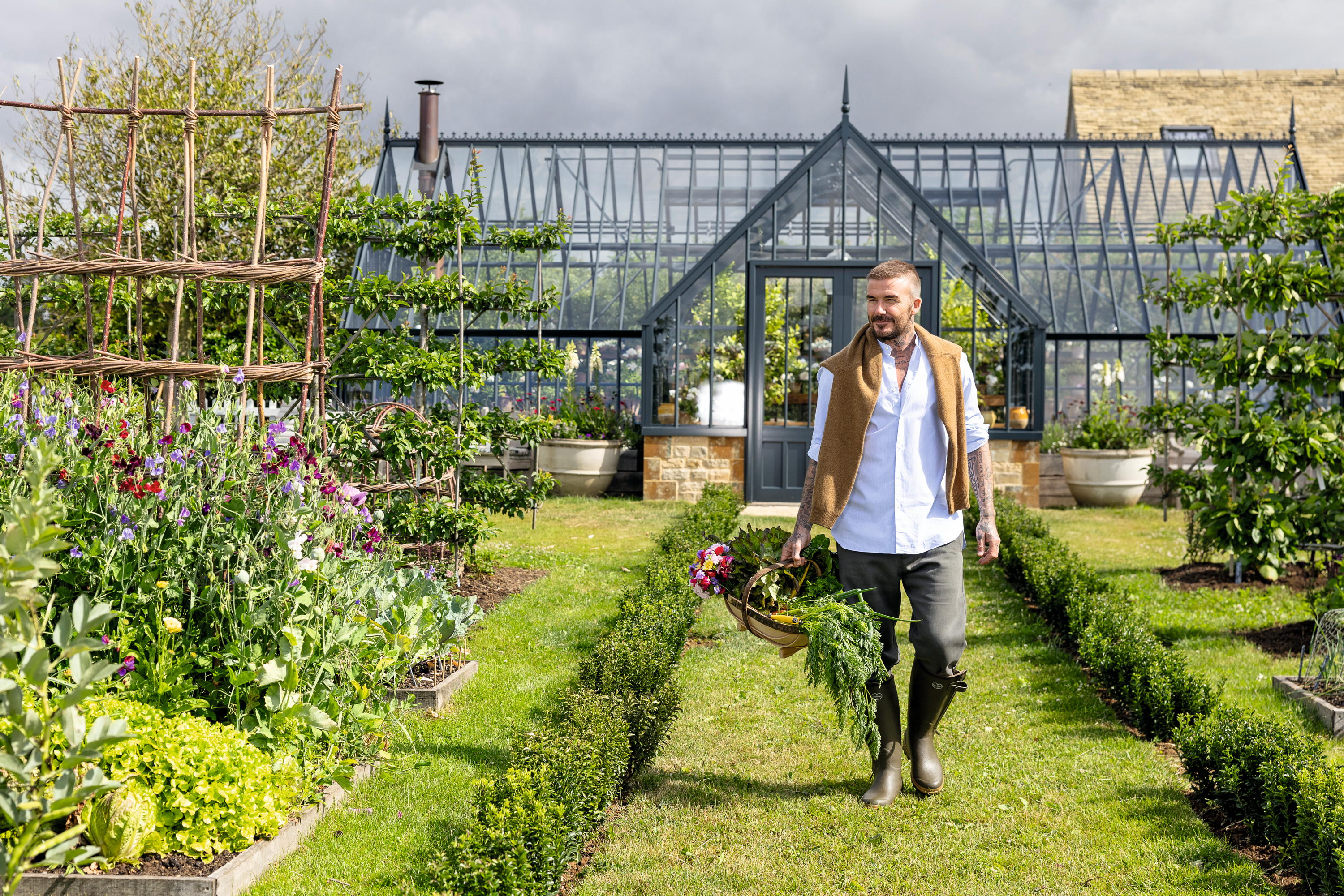 David Beckham in his garden in the Cotswolds